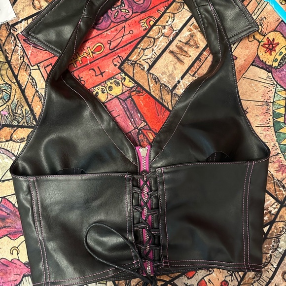 dELiA*s/Dolls Kill Black Leather Zip Front/ Corset Back Top w Pink Stitching S - Picture 2 of 9